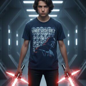 🌑 Star Wars Darth Vader "Who's With Me?" Kids Tee Large Blue Fandom 🚀